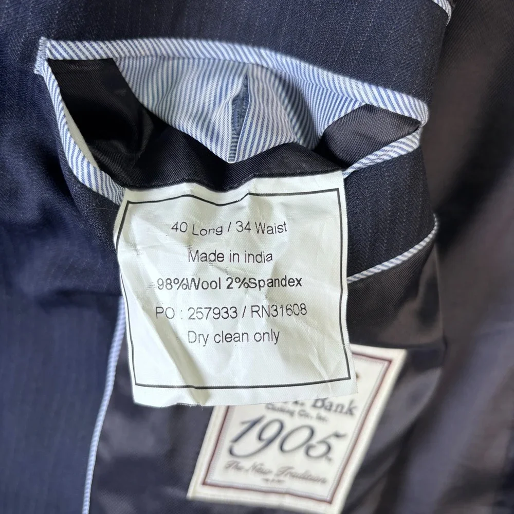 Jos A Bank 1905 Mens Slim Fit Navy Pinstripe Wool Suit Jacket Blazer 40L - Picture 7 of 11